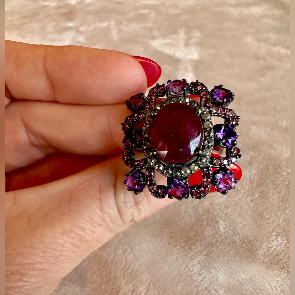 Natural Ruby, Polki Diamind, Pink Sapphire, and Amethyst .925 Ring